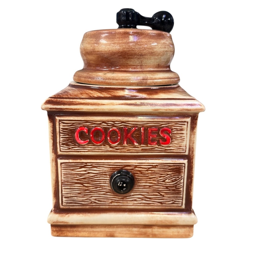 Vintage McCoy Ceramic Coffee Grinder Style Cookie Jar Faux Wood Grain 1960